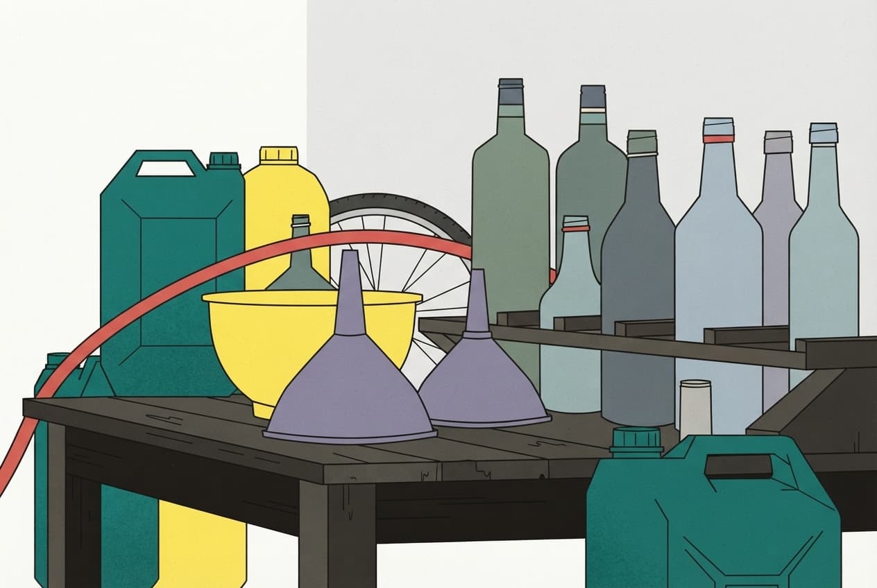 Illustration plate : bouteille, bidon, moto, entonnoir, pneu, table