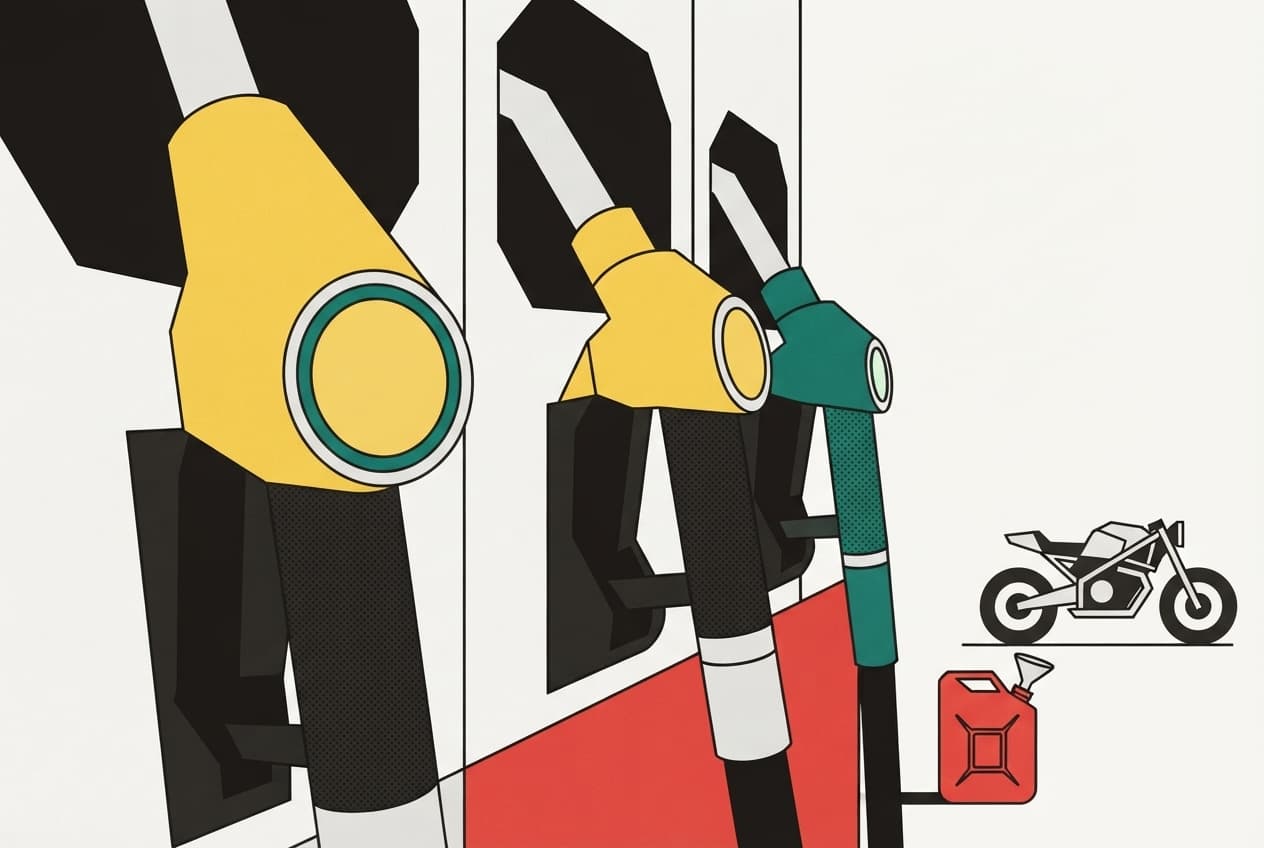 Illustration plate : pompe à essence, bidon, moto, essence, gasoil