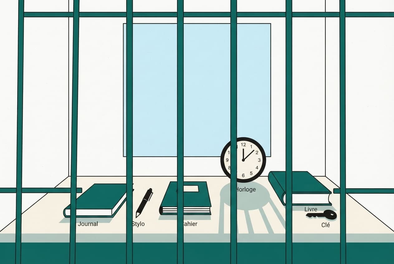 Illustration plate : Journal, Stylo, Cahier, Horloge, Livre, Clé